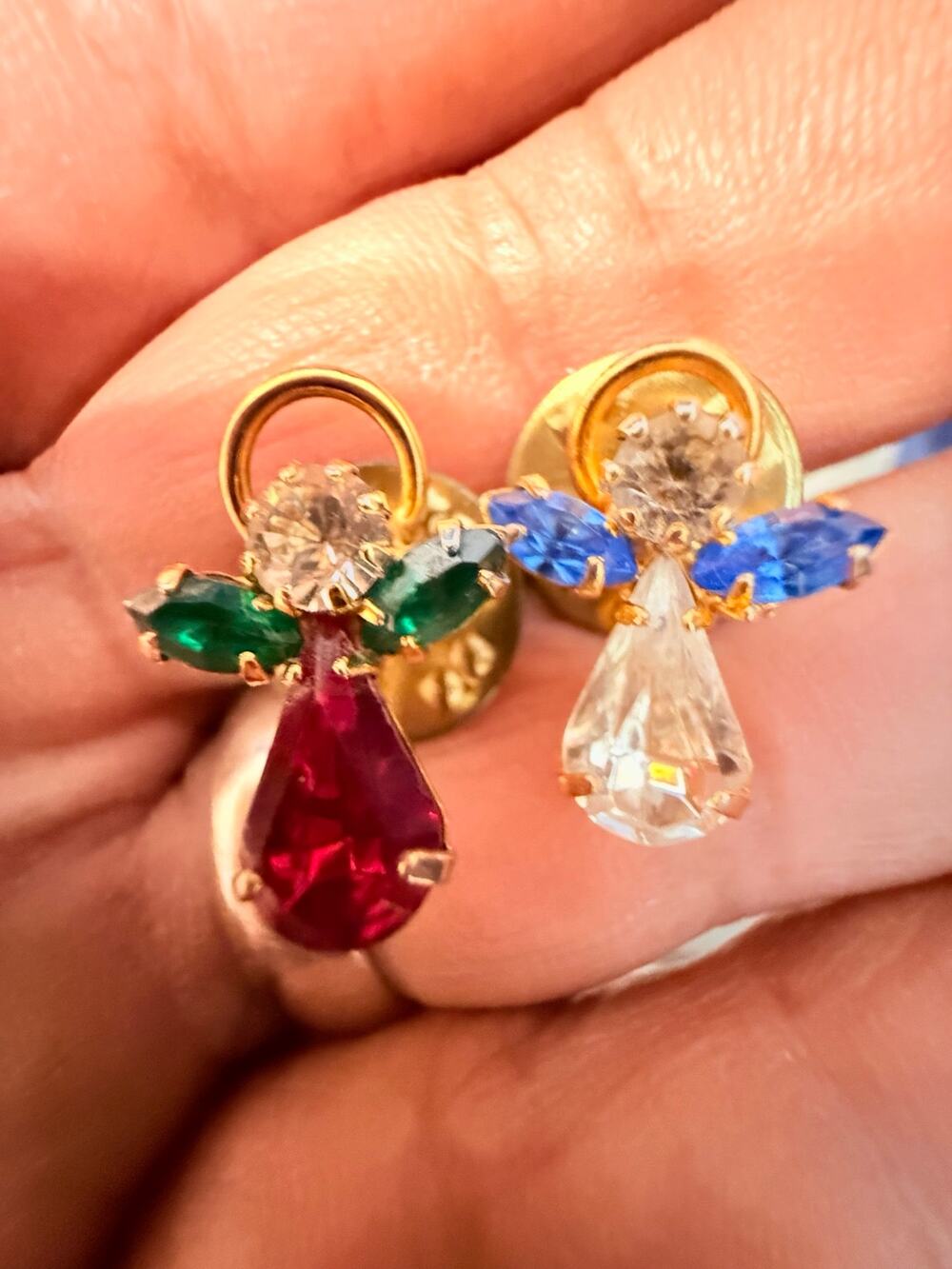Vintage Rhinestone Angel Lapel Pins Lot of 2 Red Blue
